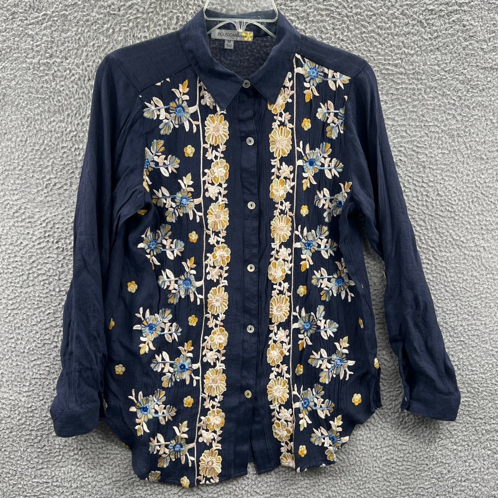 Womens Boho Embroidered Tunic Medium Festival Flowy Button Front Lightweight Top